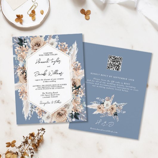 Budget Stusty Blue Boho Wedding QR Code RSVP Uitno
