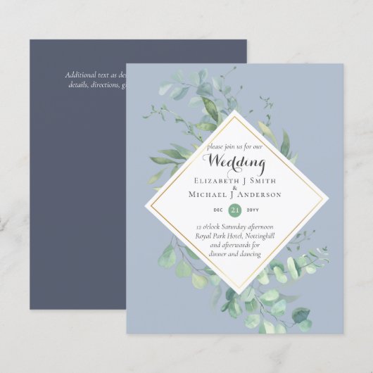 Budget Stusty Blue Eucalyptus Wedding Invita (Voorkant / Achterkant)