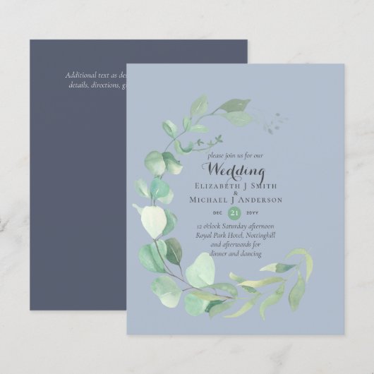 Budget Stusty Blue Eucalyptus Wedding Invita (Voorkant / Achterkant)