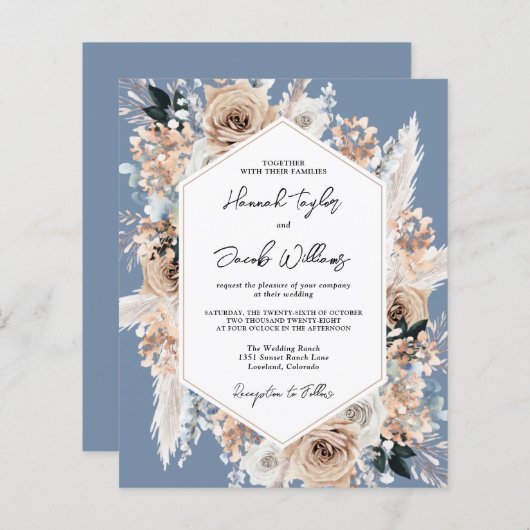 Budget Stusty Blue Floral Boho Wedding Uitnodiging (Voorkant / Achterkant)
