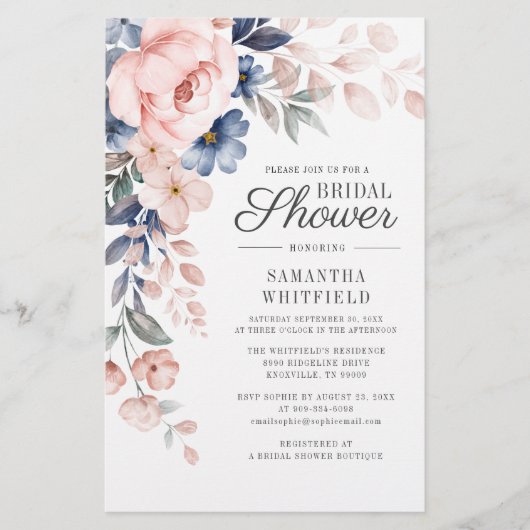 Budget Stusty Blue Floral Bridal Shower Briefpapier (Voorkant)
