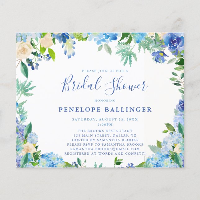 Budget Stusty Blue Floral Bridal Shower Invitation (Voorkant)