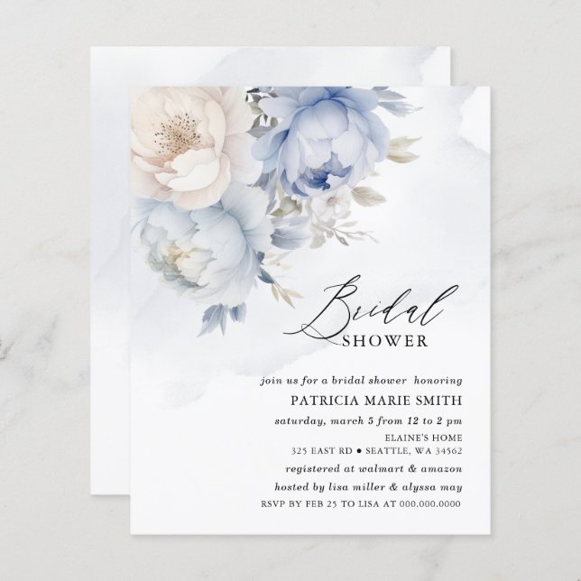 Budget Stusty Blue Floral Bridal Shower Invitation (Voorkant / Achterkant)