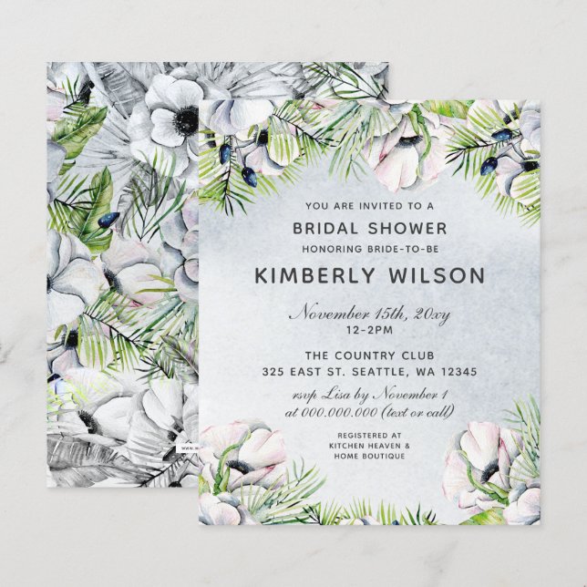 Budget Stusty Blue Floral Bridal Shower Invitation (Voorkant / Achterkant)