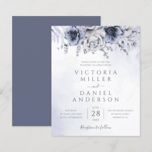 Budget Stusty Blue Floral Elegant Wedding Invite (Voorkant / Achterkant)