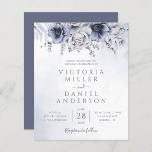 Budget Stusty Blue Floral Elegant Wedding Invite