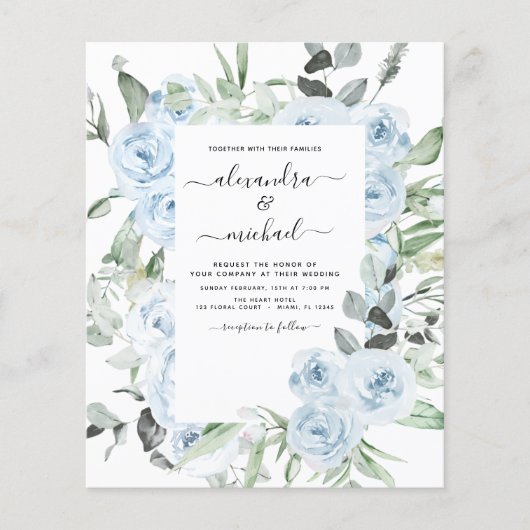 Budget Stusty Blue Floral Greenery Wedding Flyer (Voorkant)