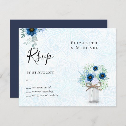 BUDGET Stusty Blue Floral RSVP zwart-wit (Voorkant / Achterkant)