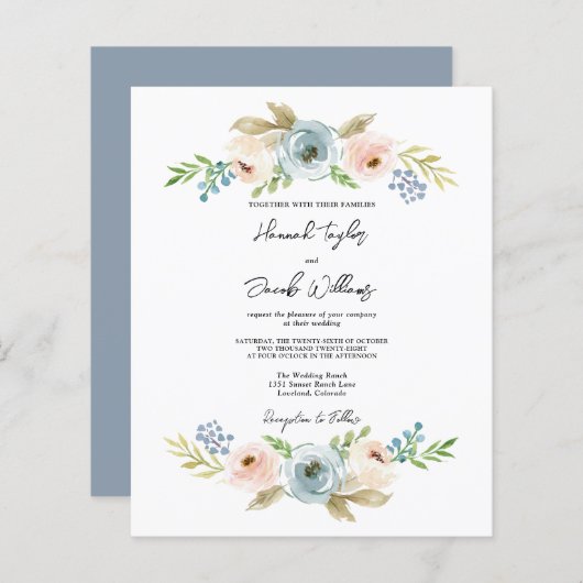Budget Stusty Blue Floral Rustic Wedding Invite (Voorkant / Achterkant)