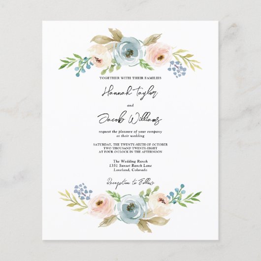 Budget Stusty Blue Floral Rustic Wedding Invite (Voorkant)