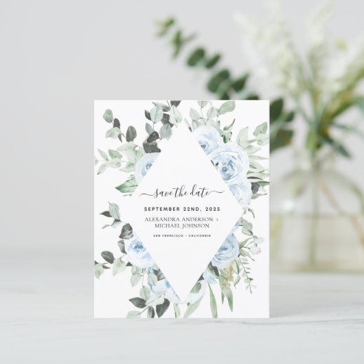 Budget Stusty Blue Floral Save the Date Greenery (Staand voorkant)