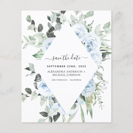 Budget Stusty Blue Floral Save the Date Greenery (Voorkant)