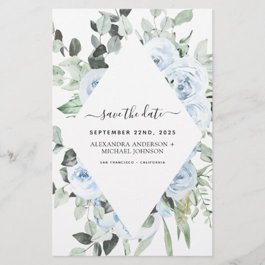 Budget Stusty Blue Floral Save the Date Greenery (Voorkant)