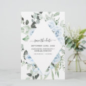 Budget Stusty Blue Floral Save the Date Greenery (Staand voorkant)