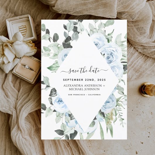 Budget Stusty Blue Floral Save the Date Greenery