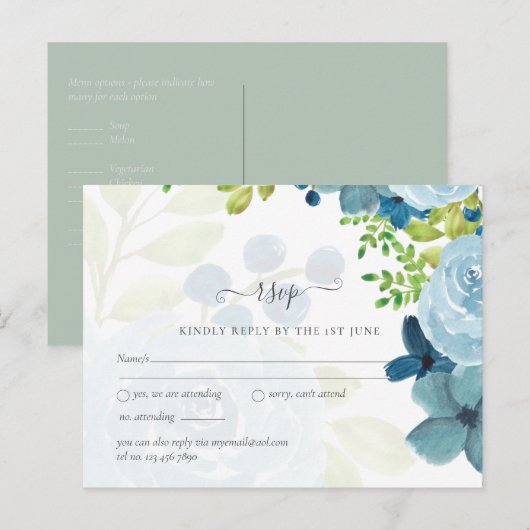 Budget Stusty Blue Floral Wedding Briefkaart (Voorkant / Achterkant)