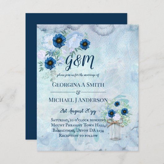 BUDGET Stusty Blue Floral Wedding Invite (Voorkant / Achterkant)