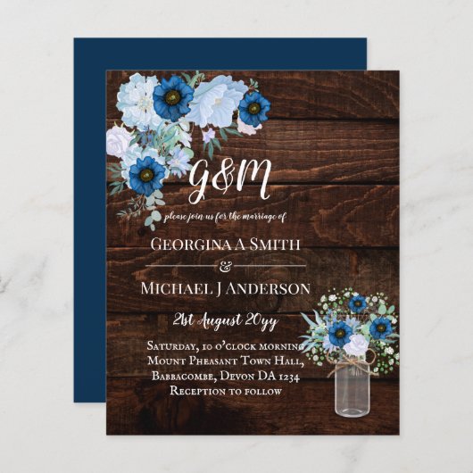 BUDGET Stusty Blue Floral Wedding Invite (Voorkant / Achterkant)