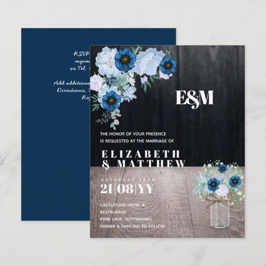 BUDGET Stusty Blue Floral Wedding Invites (Voorkant / Achterkant)