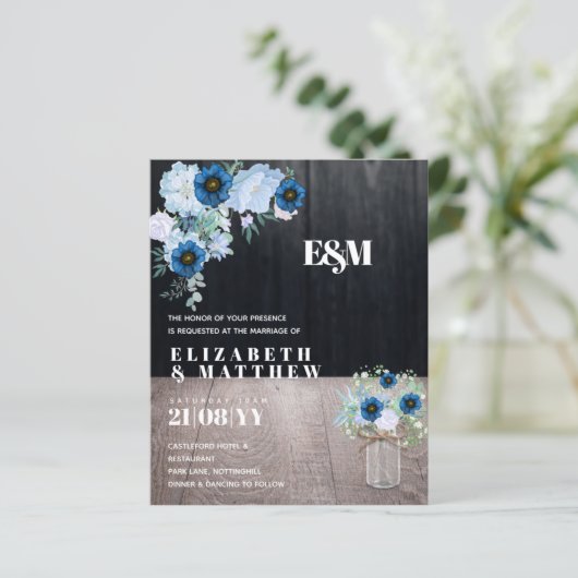 BUDGET Stusty Blue Floral Wedding Invites (Staand voorkant)