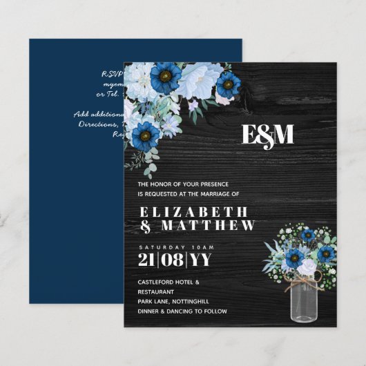 BUDGET Stusty Blue Floral Wedding Invites (Voorkant / Achterkant)