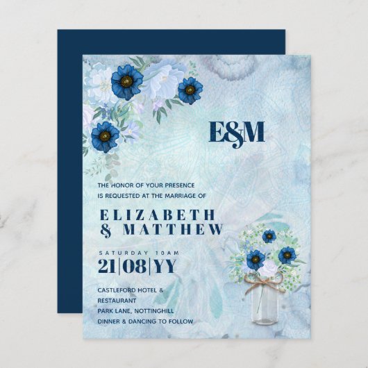 BUDGET Stusty Blue Floral Wedding Invites (Voorkant / Achterkant)
