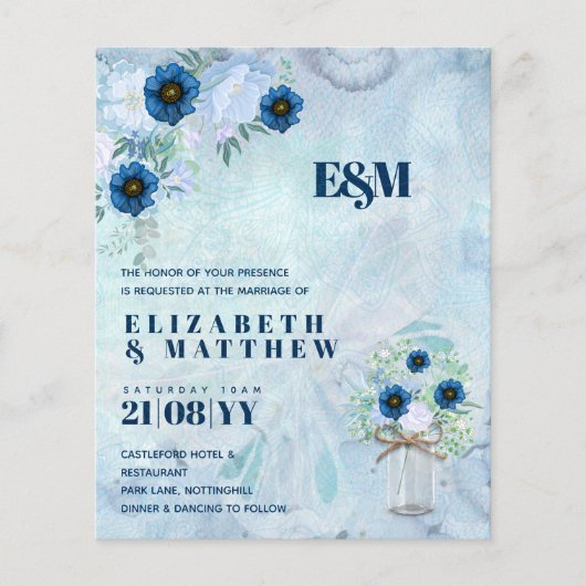 BUDGET Stusty Blue Floral Wedding Invites (Voorkant)