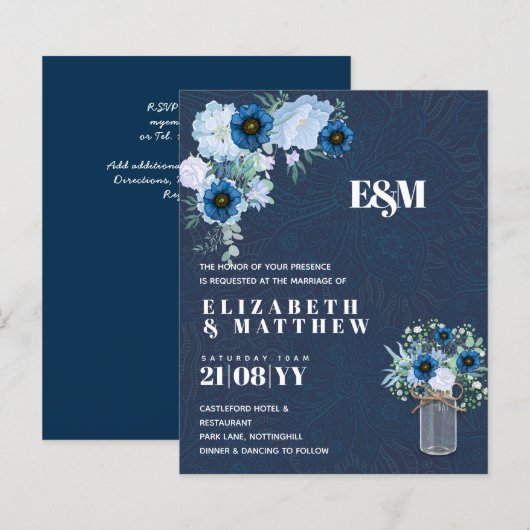 BUDGET Stusty Blue Floral Wedding Invites (Voorkant / Achterkant)