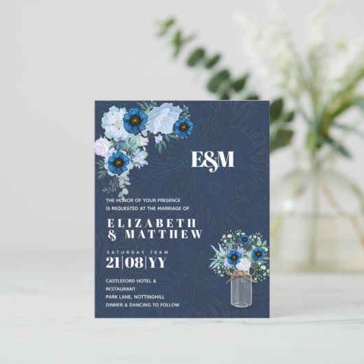 BUDGET Stusty Blue Floral Wedding Invites (Staand voorkant)
