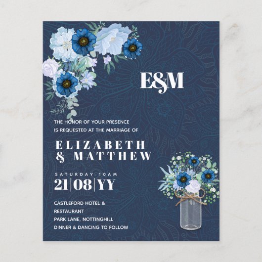BUDGET Stusty Blue Floral Wedding Invites (Voorkant)