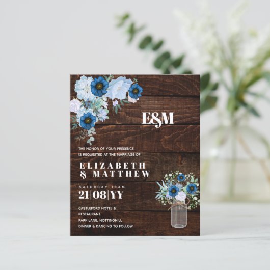 BUDGET Stusty Blue Floral Wedding Invites (Staand voorkant)