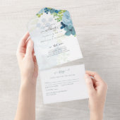 Budget Stusty Blue Flowers Sage Wedding All In One Uitnodiging (Afscheurbaar)