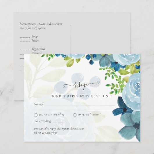 Budget Stusty Blue Flowers Sage Wedding Briefkaart (Voorkant / Achterkant)