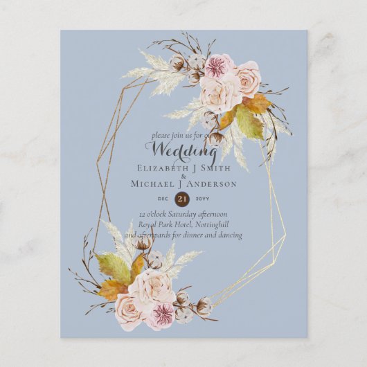 Budget Stusty Blue Herfst Floral Wedding Invitae (Voorkant)