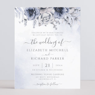 Budget Stusty Blue Navy Floral Wedding Invitation