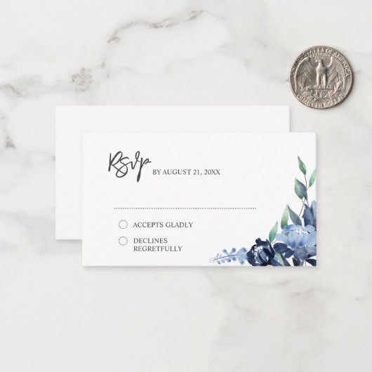 BUDGET Stusty Blue Navy Floral Wedding RSVP Notitiekaartje (Voorkant / Achterkant in situ)