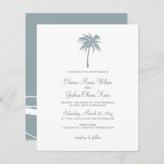 Budget Stusty Blue Palm Tree Wedding Invitations (Voorkant / Achterkant)