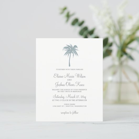 Budget Stusty Blue Palm Tree Wedding Invitations (Staand voorkant)
