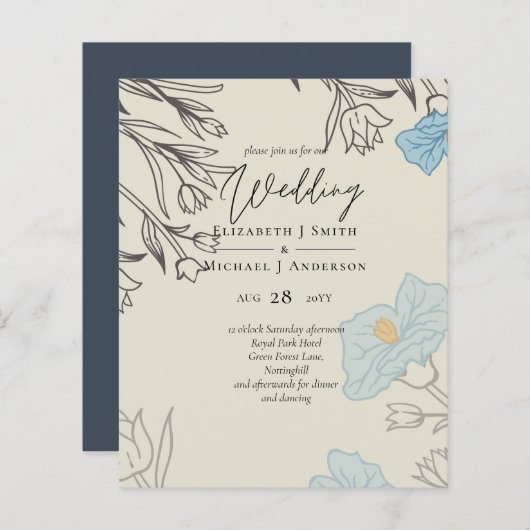 BUDGET Stusty Blue Poppy Magnolia Wedding Invite (Voorkant / Achterkant)
