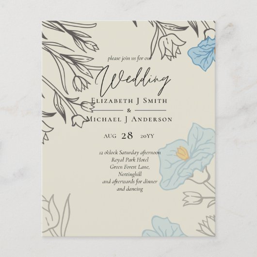 BUDGET Stusty Blue Poppy Magnolia Wedding Invite (Voorkant)