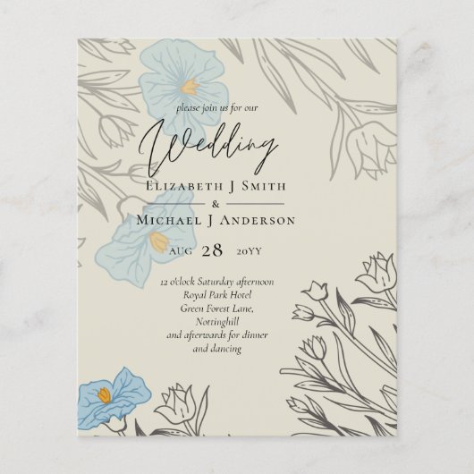 BUDGET Stusty Blue Poppy Magnolia Wedding Invite (Voorkant)
