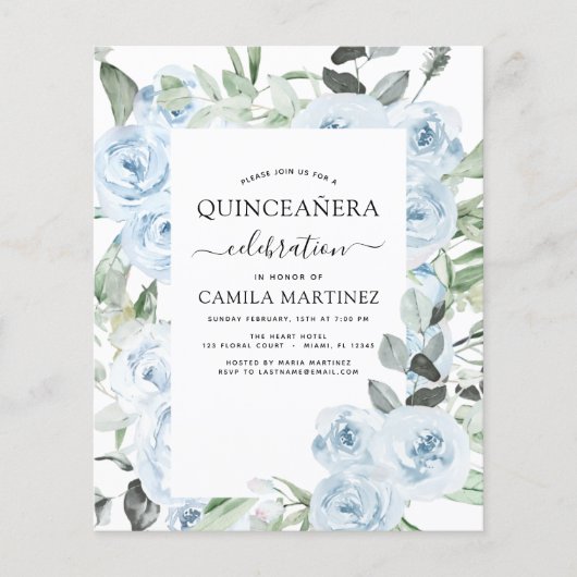Budget Stusty Blue Quinceañera Floral Invitation Flyer (Voorkant)