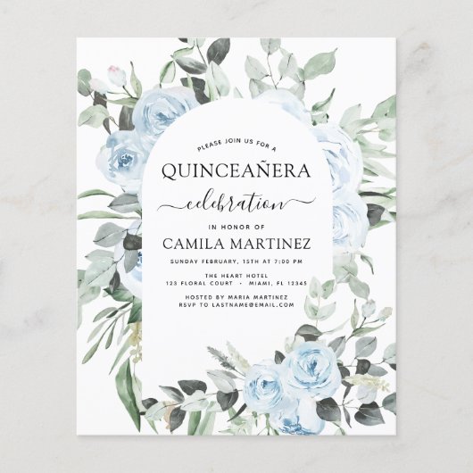 Budget Stusty Blue Quinceañera Floral Invitation Flyer (Voorkant)
