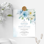 Budget Stusty Blue Roos Floral Baptism Invitation
