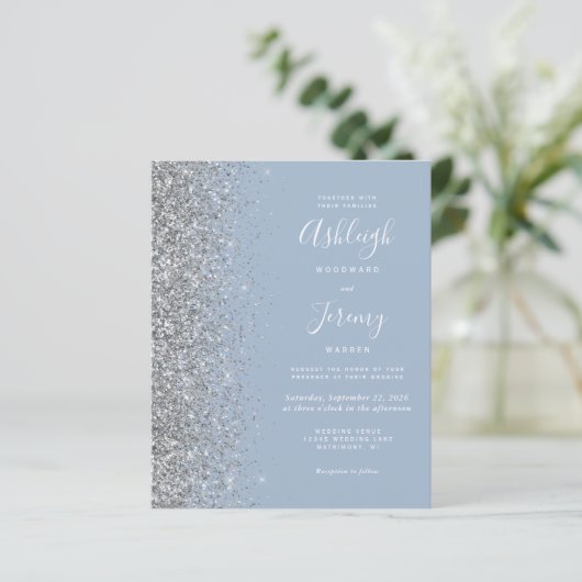 Budget Stusty Blue Silver Glitter Wedding Invite (Staand voorkant)