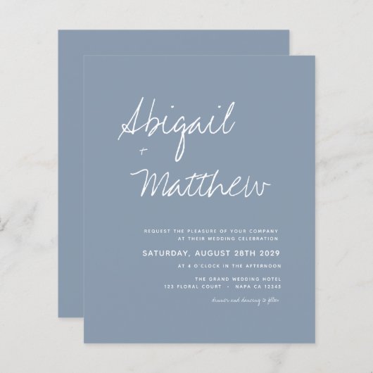 Budget Stusty Blue Simple Boho Wedding Uitnodiging (Voorkant / Achterkant)