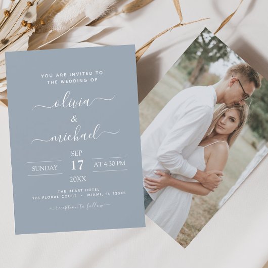 Budget Stusty Blue Weddenschap met Foto Uitnodigin