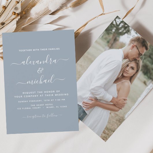 Budget Stusty Blue Weddenschap met Foto Uitnodigin Kaart