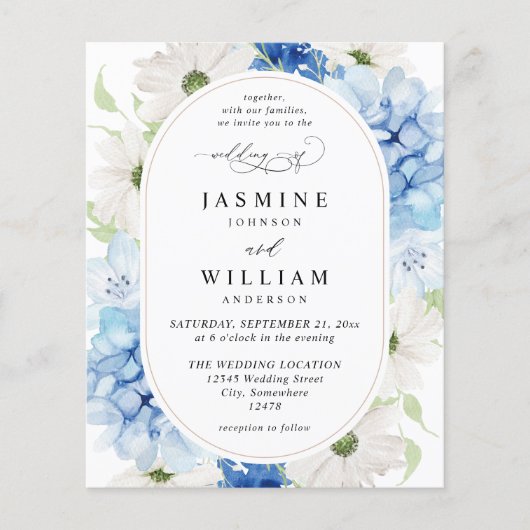 Budget Stusty Blue & White Floral Wedding Flyer (Voorkant)