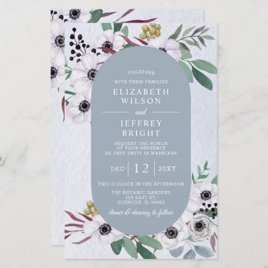 Budget Stusty Blue White Floral Wedding Invitation (Voorkant / Achterkant)